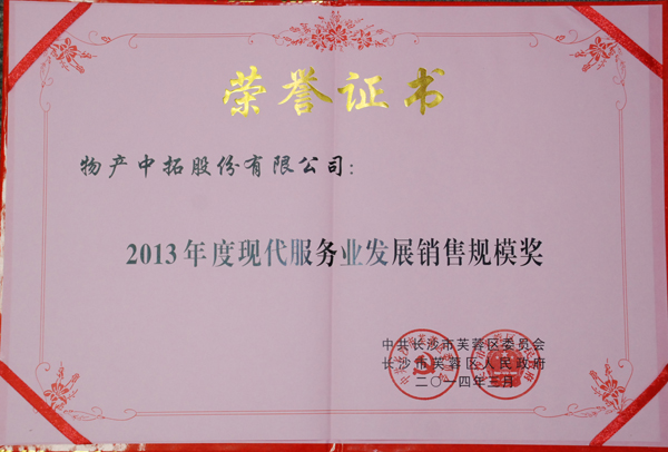 公司荣获“现代服务业开展规模销售奖"